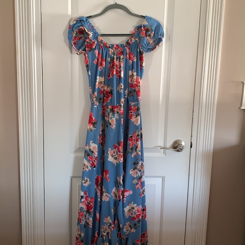 Aqua Red and Blue Smocked Sundress with Puff Sleeves